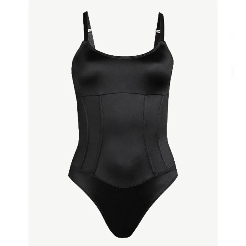 Women's Black Satin Sculpting Shapewear Corset Bodysuit Size S